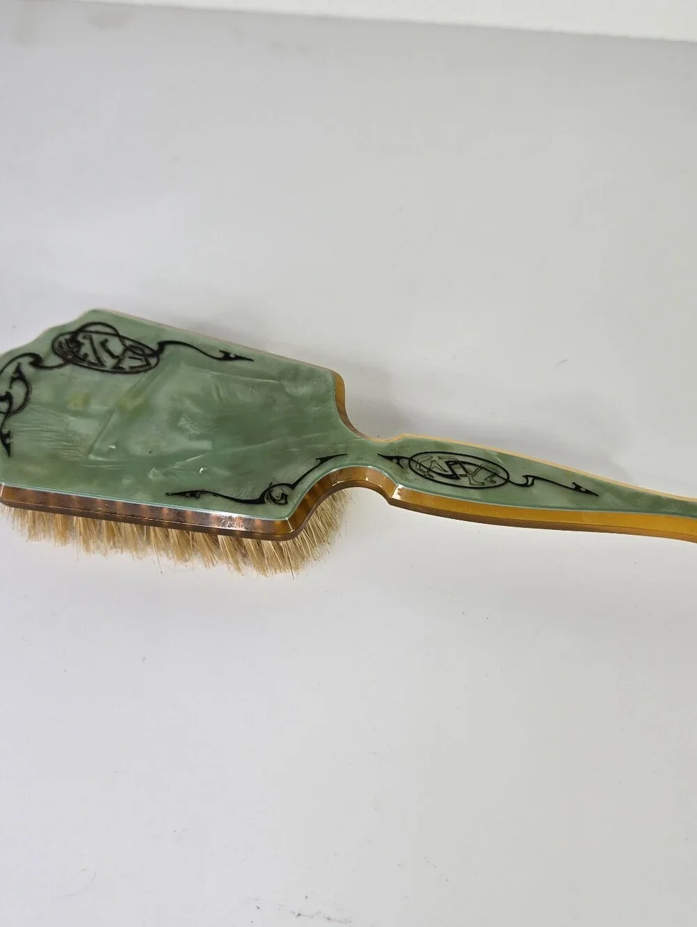 VTG Art Deco Green Pearlized Celluloid Vanity Hair Brush 1920s 30s  9